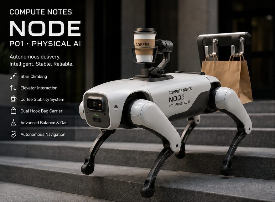 NODE P01 courier-robot prototype carrying a coffee and a bag up stone steps